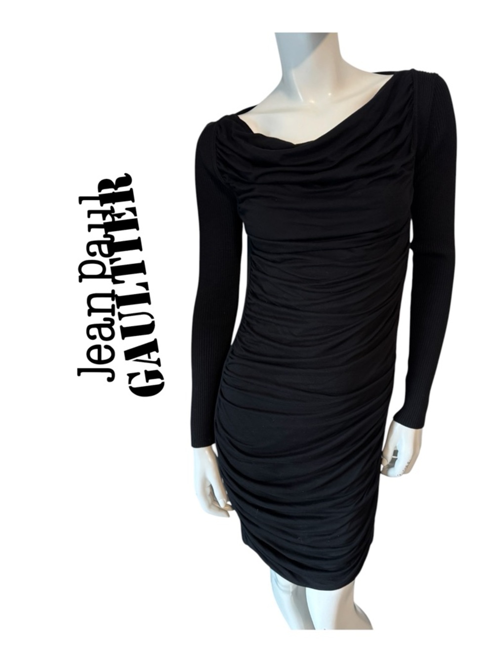 Jean Paul Gaultier Black Ruched Long-Sleeve Draped Dress